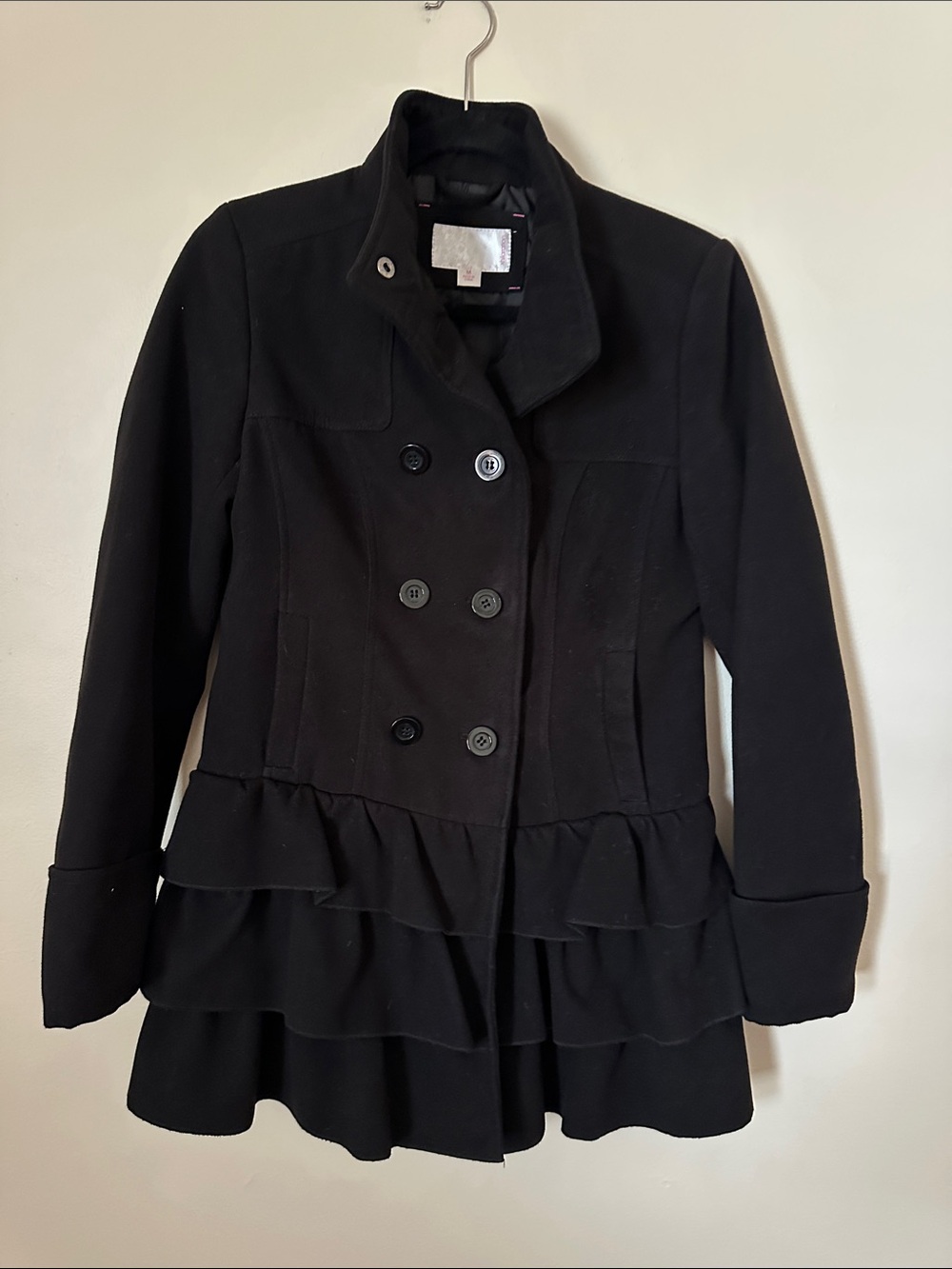 Xhilaration Black Double-Breasted Ruffle Hem Pea Coat